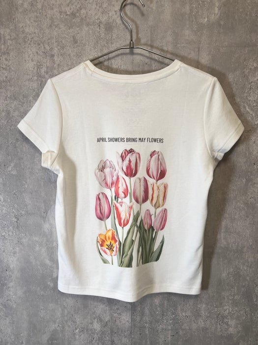 オーガニックコットンFlowerシリーズ April showers bring May flowersミニTシャツ オーガニックコットン/フロント&バックプリント サイズ0